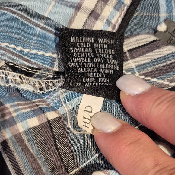 Buckle Black, Long Sleeve Black Label  Blue and Black Plaid Snap Down Mens Shirt - Picture 11 of 16